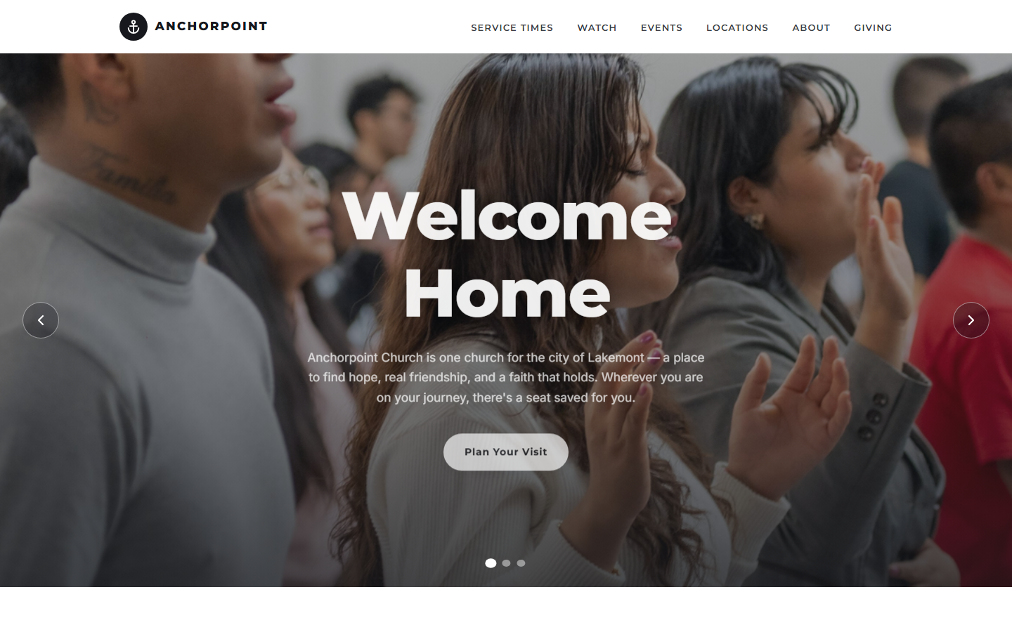 Anchorpoint Church website homepage, showing a Welcome Home hero and a Plan Your Visit button